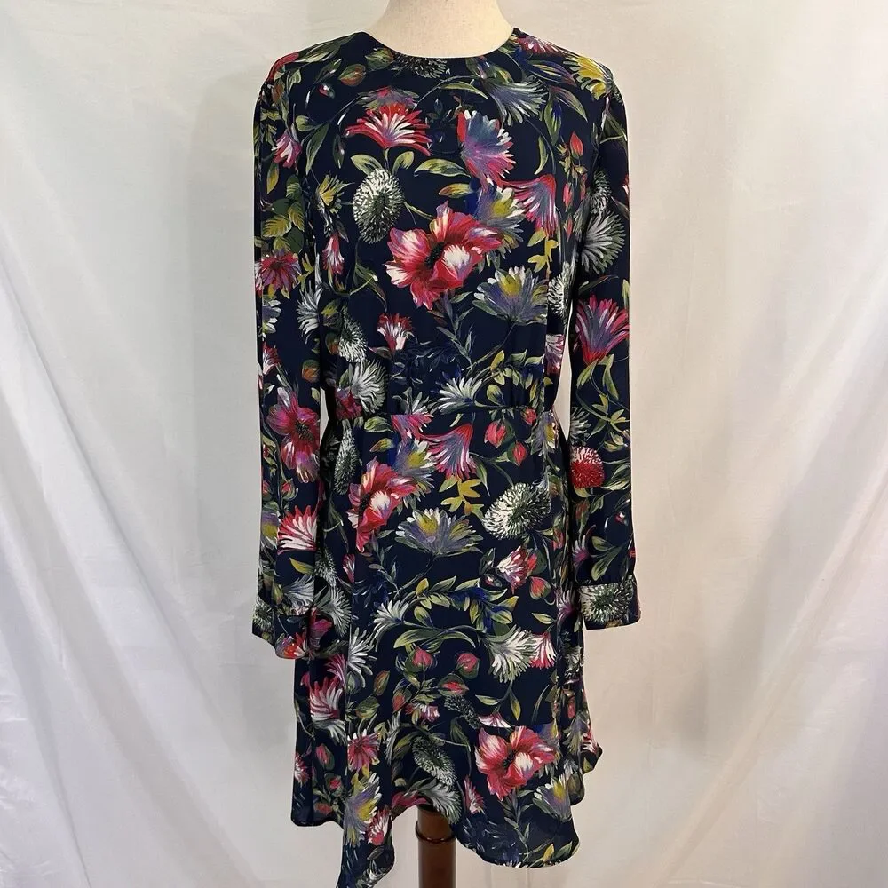 J Crew Genova Long Sleeve Flouncy Hem Dress Painted Floral Size 8 - Picture 2 of 9